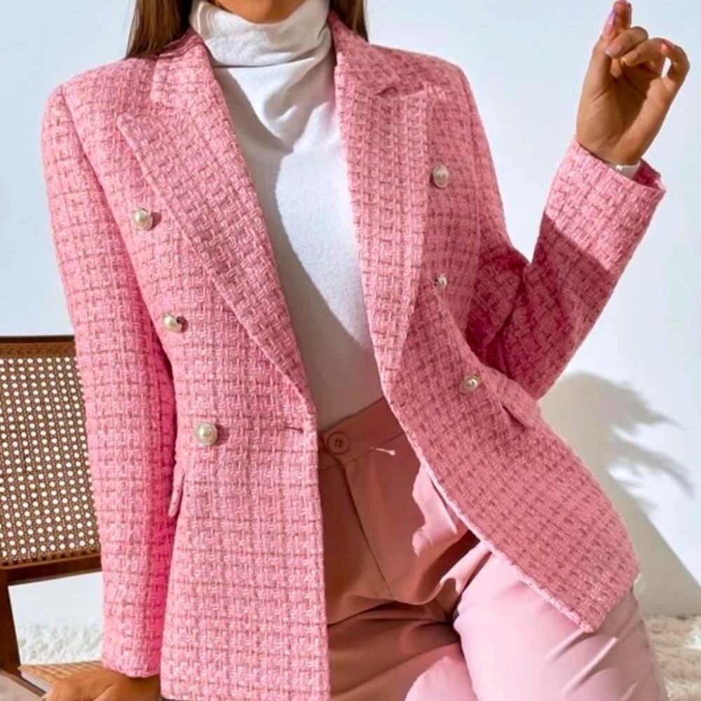 Pink Tweed Plaid Double Breasted Blazer NWT
